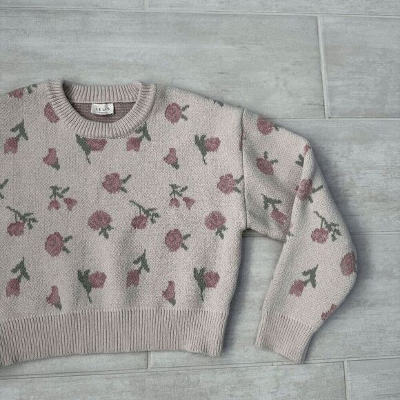 Lelis Light Pink Floral Sweater Rose Dusty Blush Crop Long Sleeve Drop Shoulder - Picture 8 of 8